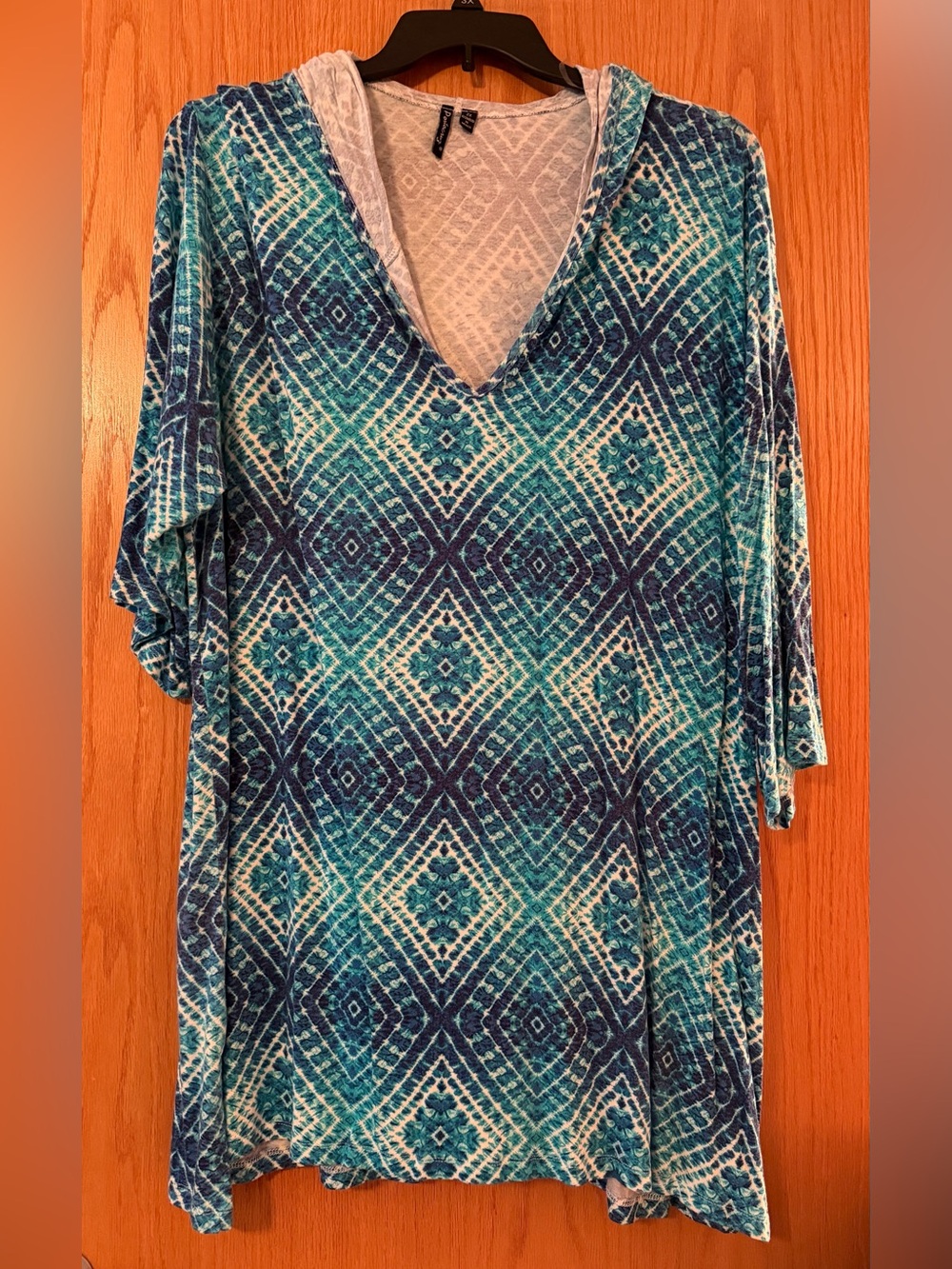 Women's Blue Geometric V-Neck hooded swim coverup beach excellent condition